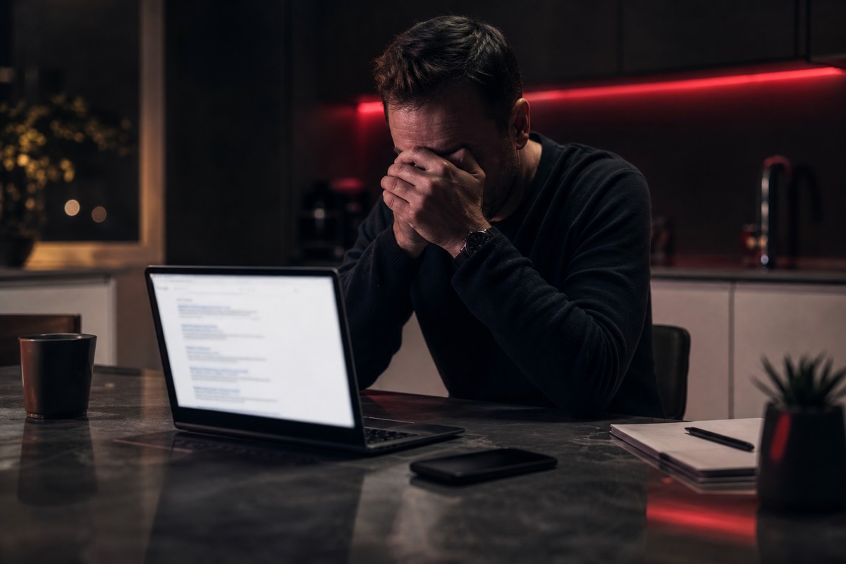 A person looking at search results on a laptop late at night